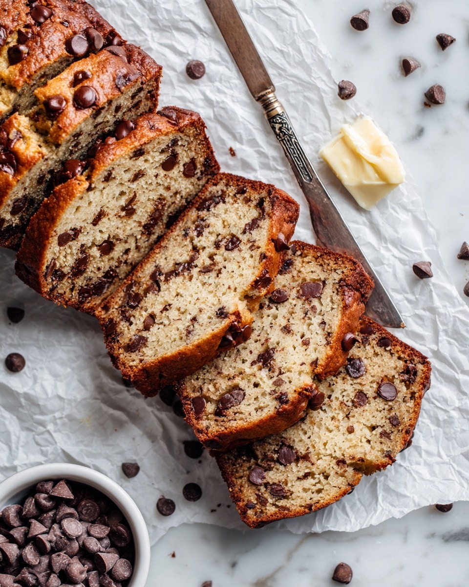 The image shows several slices of chocolate chip banana bread with a golden brown crust and a soft, light beige inside filled with dark brown chocolate chips scattered throughout. The bread slices are placed on crinkled parchment paper over a white marbled surface, with some chocolate chips scattered around. A knife with butter spread on its blade rests near the bread, adding texture to the scene. In the bottom left corner, a white bowl filled with more chocolate chips is partially visible. photo taken with an iphone --ar 4:5 --v 7