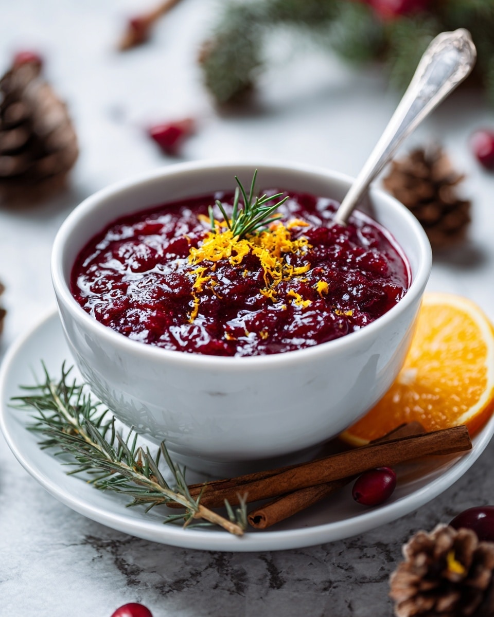 A white rustic bowl filled with thick, deep red cranberry sauce that has a slightly chunky texture, placed on a white plate. The sauce is topped with small bits of orange zest and a small sprig of fresh green rosemary for garnish. A silver spoon rests inside the bowl on the right side, partially submerged in the sauce. The bowl and plate sit on a white marbled surface with some rosemary sprigs and cinnamon sticks nearby, adding a cozy, natural touch. Photo taken with an iphone --ar 4:5 --v 7