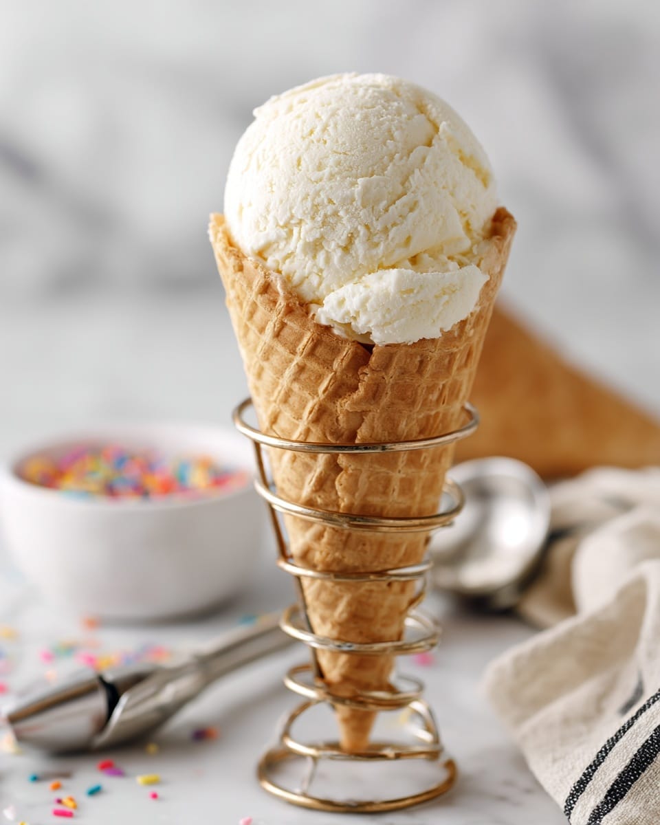 A single scoop of creamy vanilla ice cream with a soft, slightly textured surface sits inside a light brown, crisp waffle cone that has a grid pattern, the edges of the cone gently wavy and holding the ice cream snugly. The cone is held upright in a shiny metallic spiral stand placed on a white marbled surface. In the blurred background, there is a small white bowl filled with colorful round sprinkles and a silver ice cream scooper nearby, along with a beige cloth with dark stripes casually draped to one side. Photo taken with an iphone --ar 4:5 --v 7