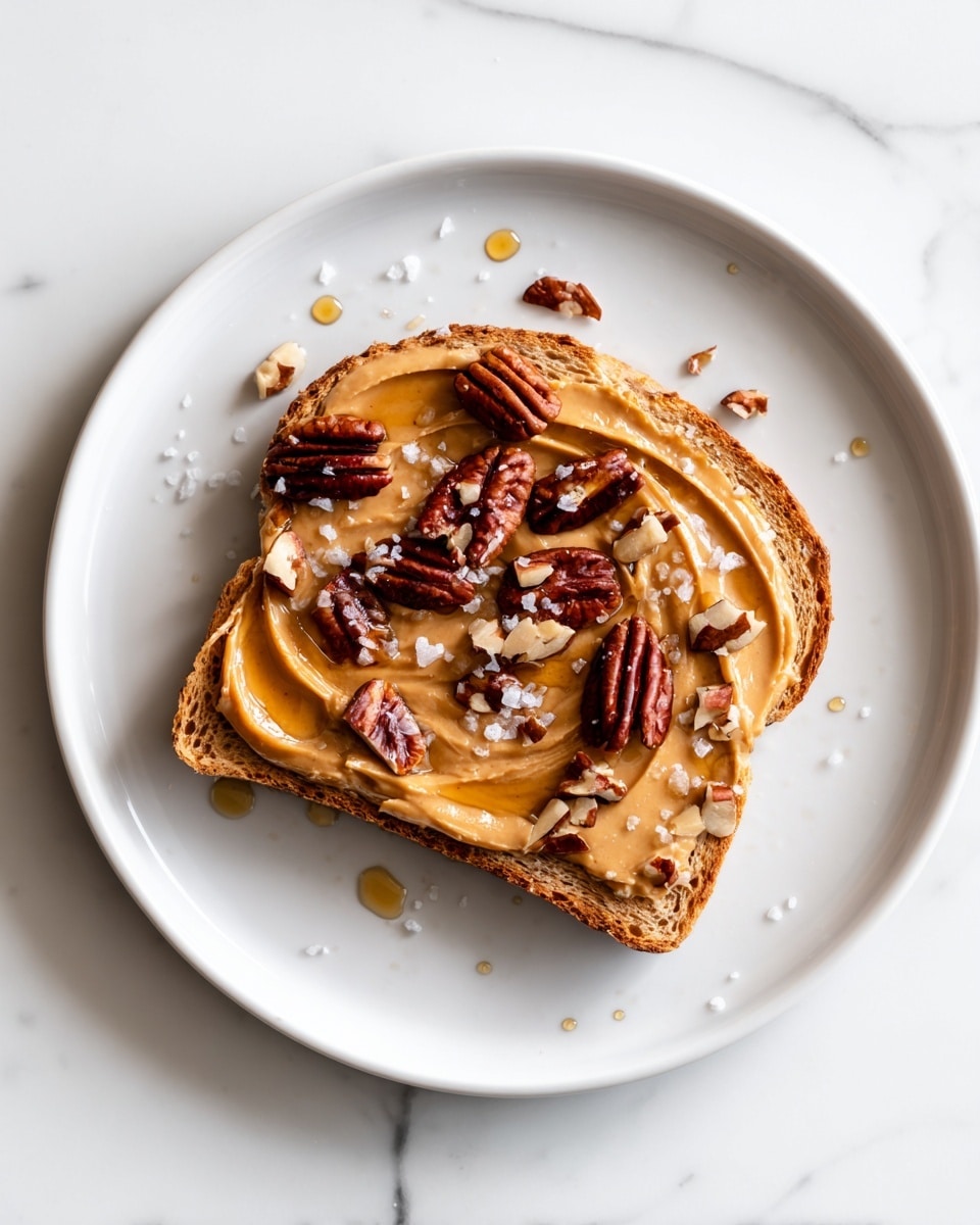 A single slice of whole-grain bread placed in the center of a white plate with a white marbled texture background. The bread has a golden-brown crust with a slightly rough texture and visible air pockets. Spread evenly on top is a thick layer of creamy peanut butter with a soft, smooth texture and light brown color. Scattered across the peanut butter are whole and chopped pecans, showing a shiny, rich brown color and a crunchy texture. A drizzle of amber-colored honey glistens over the nuts and peanut butter, adding a glossy finish. Sprinkled lightly around are a few coarse sea salt crystals, adding tiny white specks that contrast with the other layers. Photo taken with an iphone --ar 4:5 --v 7
