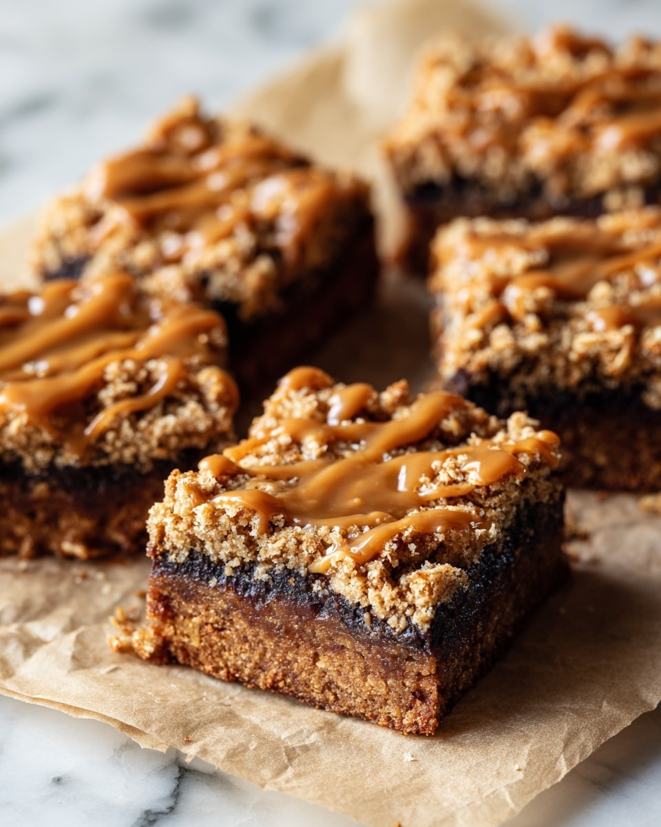 Square oat bars with three visible layers: the bottom layer is a firm, dark brown crust; the middle layer is a soft, light brown filling; and the top layer is a rough, golden oat crumble covered with a shiny light brown cinnamon glaze drizzled over it. The bars are placed close together on crinkled parchment paper, all on a white marbled surface. Some oat crumbs are scattered around. Photo taken with an iphone --ar 4:5 --v 7