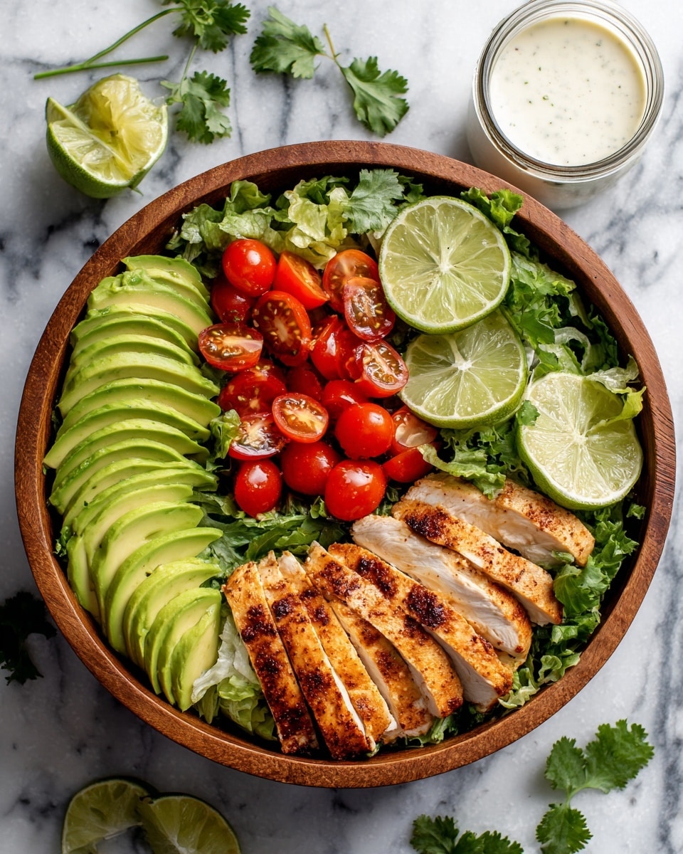 A wooden bowl filled with a fresh salad arranged in layers: the bottom layer is made of chopped green leafy lettuce, topped with grilled chicken slices cooked to a golden brown and scattered with small green herbs. On one side, there are thinly sliced, bright green avocado pieces, fanned out neatly in two places. Cherry tomato halves, deep red and glossy, are placed in a group near the chicken and avocado. Lime wedges with a pale green rind are placed around the edges. The bowl sits on a white marbled surface, and a glass jar of white creamy dressing can be seen in the background. Photo taken with an iphone --ar 4:5 --v 7