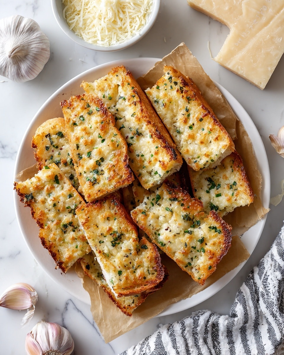 The image shows a white plate lined with brown parchment paper holding nine pieces of garlic bread cut into rectangular sticks. Each piece has a golden-brown toasted top layer covered with a mix of melted cheese, finely chopped green herbs, and small bits of garlic, giving a slightly crispy texture. The bread underneath is soft and pale with a fluffy texture. Around the plate are bulbs of garlic and a small bowl filled with grated cheese on a white marbled surface. photo taken with an iphone --ar 4:5 --v 7