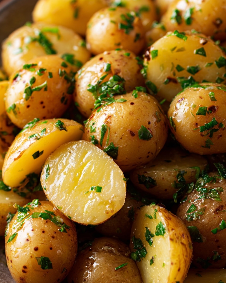The image shows a close-up of small cooked potatoes, some whole and some cut in half, coated in shiny oil or butter. The potatoes have a light brown skin with dark specks on them. Bright green, finely chopped herbs are sprinkled over the potatoes, adding a fresh and colorful contrast. The texture looks soft and glossy, with the light reflecting off the oil or butter, making the potatoes appear hot and freshly made. The background is out of focus but dark, highlighting the potatoes' warm colors. photo taken with an iphone --ar 4:5 --v 7