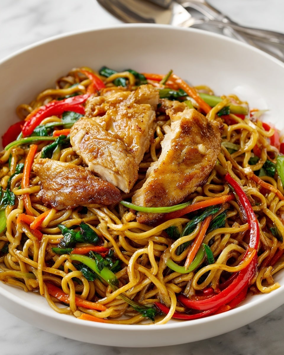 A white round plate filled with three main layers: the bottom layer is soft, light brown stir-fried noodles that twist and curl, mixed within are thin, bright red slices of bell pepper and slightly shiny green vegetable pieces, with some green stalks standing upright. The middle layer has tender, golden-brown cooked chicken pieces scattered around, some resting on top of the noodles. The top layer shows glistening dark sauce coating the noodles and vegetables, giving a rich, savory shine with pieces of leafy green herbs mixed in. The plate sits on a white marbled surface with a silver spoon partially shown at the top right corner. photo taken with an iphone --ar 4:5 --v 7
