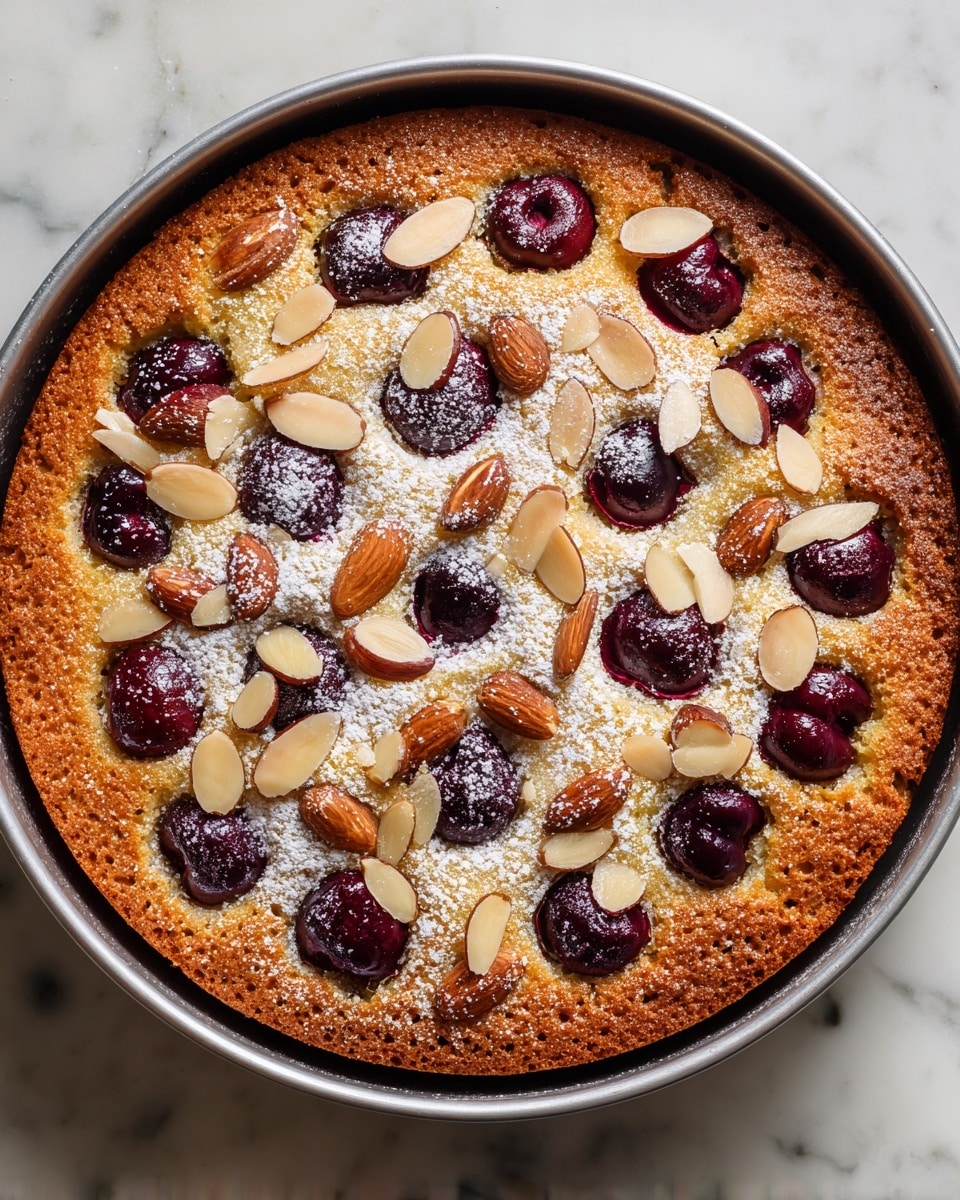 A round almond cherry cake in a silver baking pan sits on a white marbled surface, showing a golden brown top with a slightly bumpy texture. The cake is decorated with whole dark red cherries that are partly sunken into the surface, evenly spaced around the edges and center. Lightly toasted almond slices are scattered over the top, with a light dusting of white powdered sugar sprinkled mostly in the center area. The color contrast between the golden cake, deep red cherries, and beige almond slices creates a warm, inviting look. Photo taken with an iphone --ar 4:5 --v 7