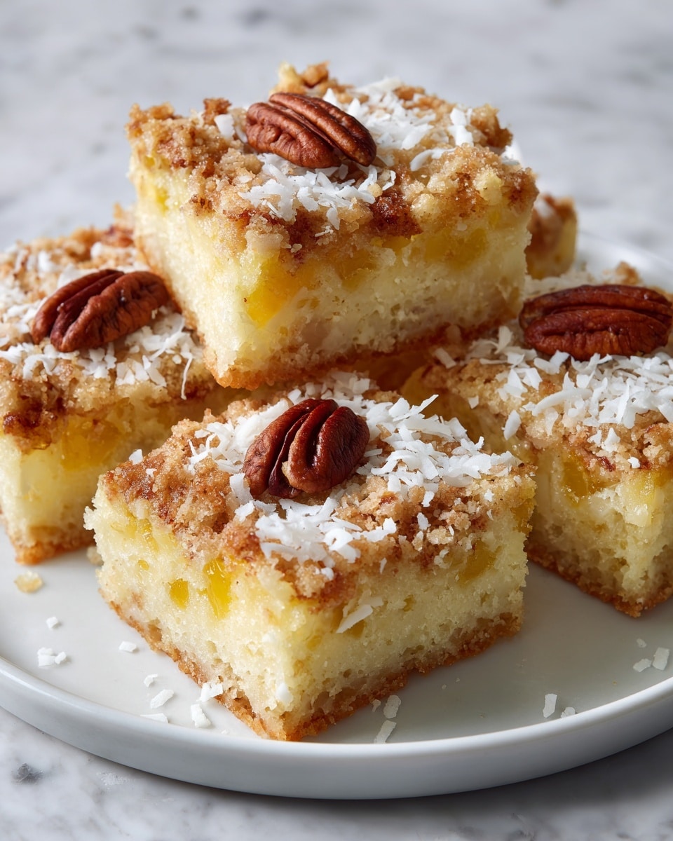 Four square pieces of yellow cake with visible chunks of pineapple inside sit on a white plate, each topped with a crumbly brown streusel layer, shredded white coconut, and whole pecan halves arranged near the center. The cake has a moist texture and a light golden brown crust at the bottom, while the streusel topping adds a rough, crumbly texture contrasting with the smooth cake beneath. The plate is placed on a white marbled surface with subtle gold veining. photo taken with an iphone --ar 4:5 --v 7