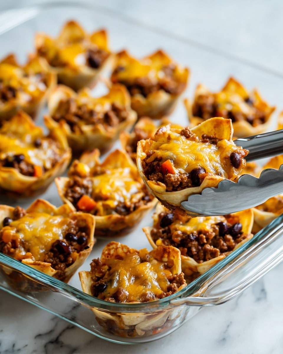 The image shows a glass baking dish filled with multiple small taco cups arranged closely together. Each taco cup has a crispy, light brown shell shaped like a flower with pointed edges. Inside each shell is a layer of cooked ground meat mixed with kidney beans and small pieces of orange carrot, giving a mix of dark brown, reddish, and orange colors. On top of each filling is a layer of melted yellow-orange cheese that looks gooey and stretches slightly. Silver metal tongs are picking up one of the taco cups from the dish. The background surface is white with a marble texture. The photo taken with an iphone --ar 4:5 --v 7