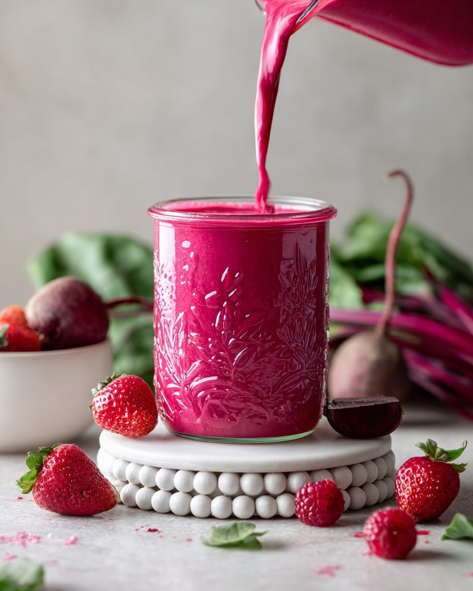 A close-up view of a tall clear glass filled with a thick pale pink smoothie. The smoothie is being poured from above, showing a smooth, creamy texture with hints of small blended bits. The glass has decorative patterns with raised dots and a flower design. It sits on a white round wooden coaster with small bead-like trim. Around the base of the glass, fresh strawberries, raspberries, beetroot pieces, and green beet leaves are scattered on a white marbled surface. In the background, there is a small white bowl with a light brown liquid inside. Photo taken with an iphone --ar 4:5 --v 7