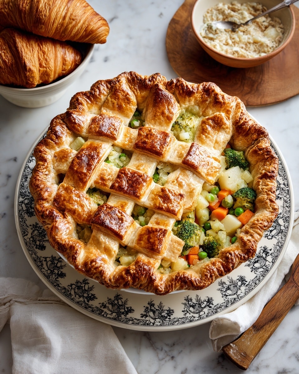 A baked pie with a golden-brown lattice crust sits on a white plate with a delicate floral pattern. The crust is thick and flaky, forming a raised border around the edge and four wide strips crossing the middle, showing a filling made of bright green broccoli, orange carrot chunks, and light beige potato pieces mixed with creamy sauce. The pie is on a wooden table with a white marbled texture underneath. In the background, there is a white bowl with mashed potatoes and a smaller white bowl containing two golden croissants. A white cloth napkin and a silver utensil are partially visible to the left of the pie. Photo taken with an iphone --ar 4:5 --v 7