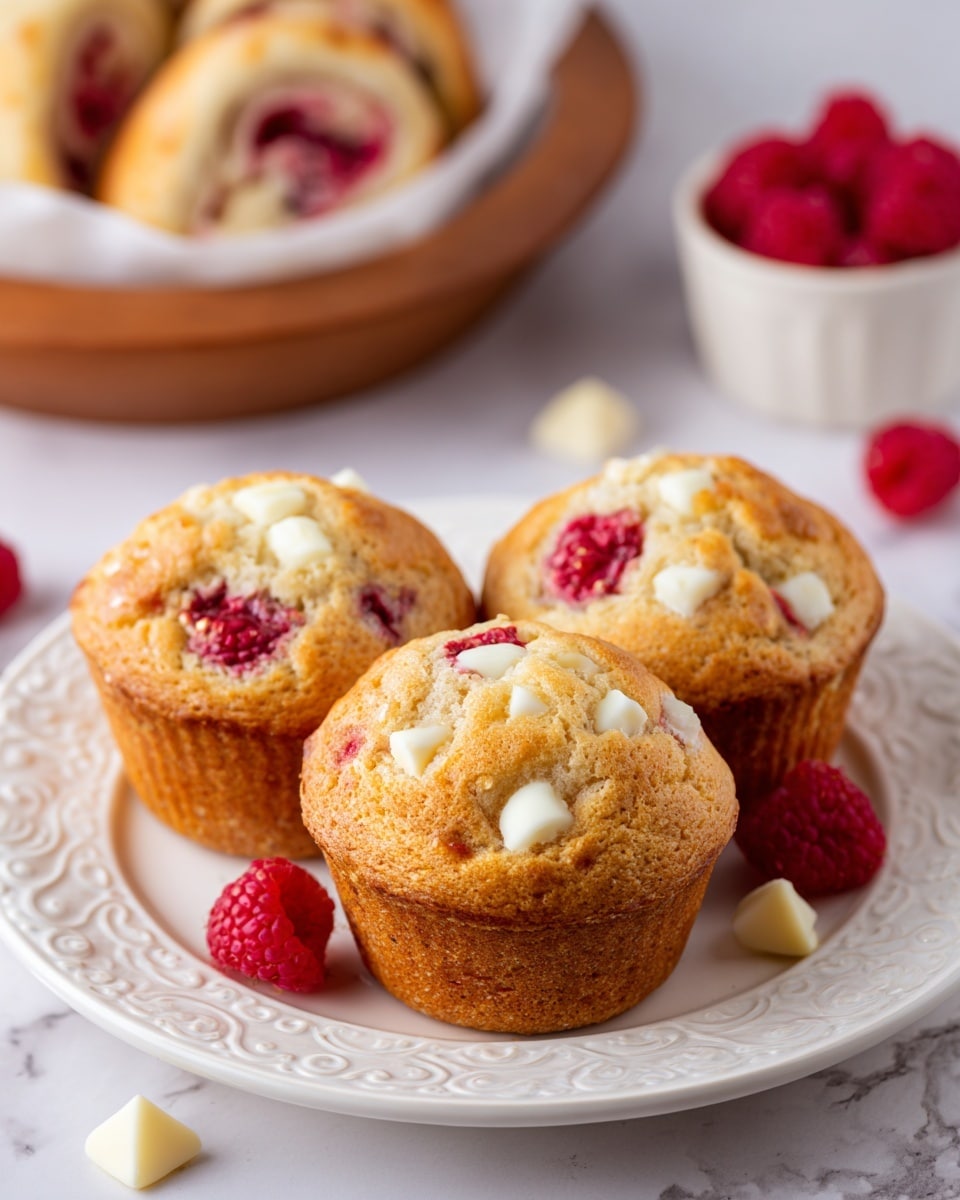 Three golden-brown raspberry muffins with visible red raspberry pieces and light crumbly texture are arranged on a round, white ornate plate with curved patterns on the edge, placed on a white marbled surface. In the blurred background, a white tray with several pieces of a light-colored pastry roll with visible raspberry filling and a few fresh raspberries scattered around can be seen. photo taken with an iphone --ar 4:5 --v 7