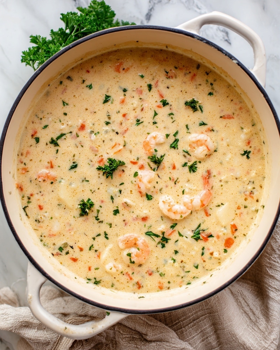 A close-up view of a white pot filled with creamy soup that has a thick, smooth texture and a pale beige color. Inside the soup, there are small pieces of shrimp with a light pink color, soft chunks of what looks like potatoes or turnips, and tiny bits of orange carrots and green herbs scattered throughout. Fresh green parsley pieces are sprinkled on top, adding a pop of bright color. The pot rests on a white marbled textured surface with a light cloth nearby, giving a clean and fresh kitchen look. Photo taken with an iphone --ar 4:5 --v 7