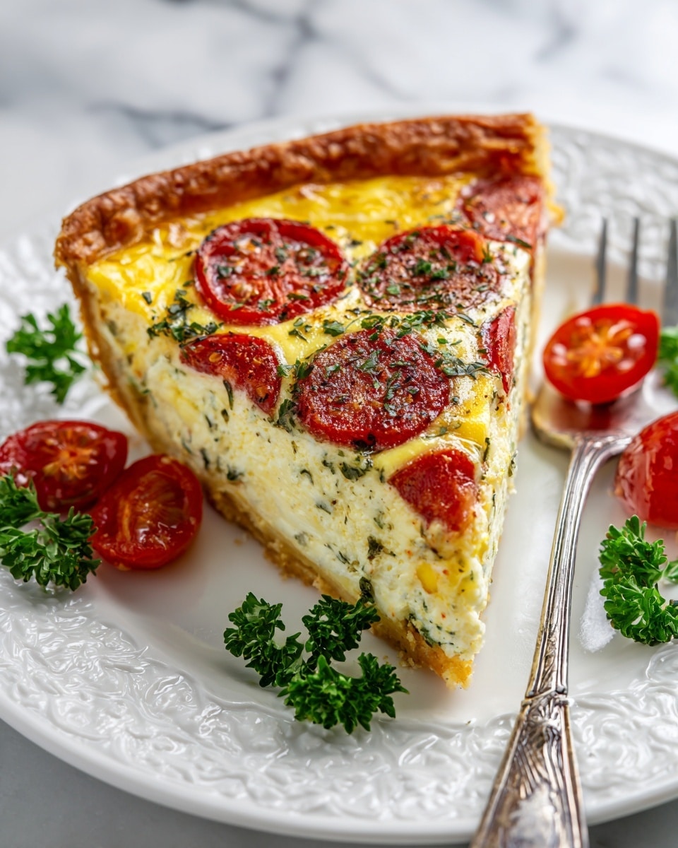 A single slice of quiche sits on a white, ornately patterned plate resting on a white marbled texture. The quiche has three clear layers, starting with a thick, golden brown crust at the bottom. The middle layer is creamy and light yellow with specks of herbs. The top layer shows a cooked egg mixture speckled with browned spots and halved red cherry tomatoes, one centrally placed, adding a splash of bright red. Fresh green parsley leaves and small slices of pepperoni are scattered around the slice on the plate, alongside a detailed silver fork placed to the right. The overall look is rustic and inviting with natural lighting creating soft shadows. photo taken with an iphone --ar 4:5 --v 7