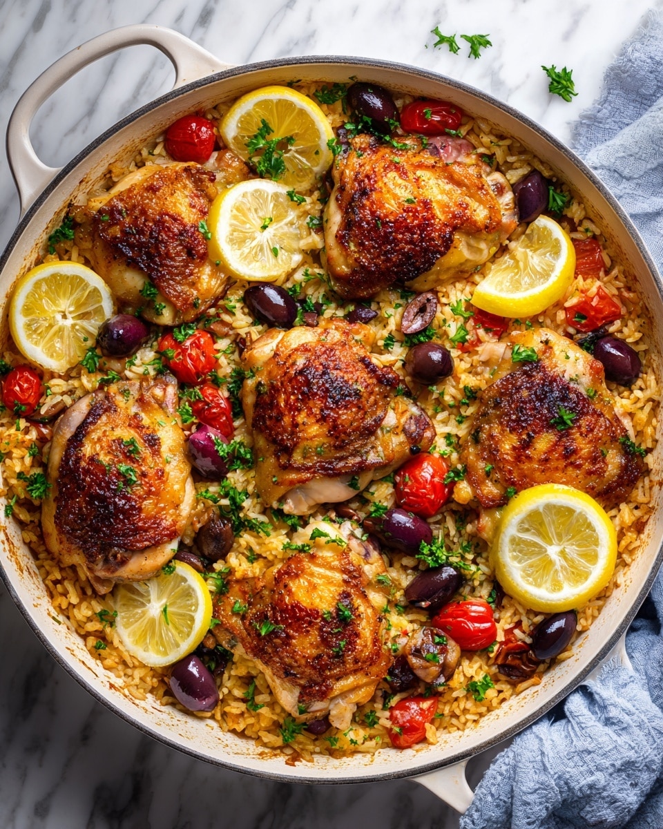 A close-up top view of a white pan filled with a one-layer meal: the bottom layer is cooked rice mixed with red cherry tomato halves, dark brown olives, and green parsley pieces, all scattered evenly. On top, five pieces of golden-brown crispy chicken thighs are placed, their skin showing a textured, well-roasted surface. Two lemon wedges with bright yellow peel and pale yellow inside sit near the pan’s edges. The pan rests on a white marbled surface with a light blue cloth draped beside it. Photo taken with an iphone --ar 4:5 --v 7