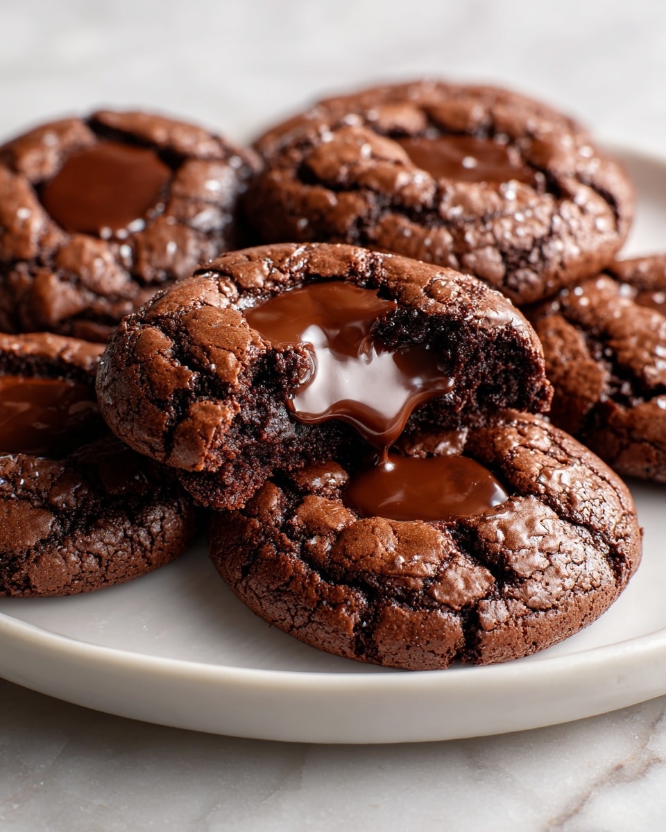 A close-up of six chocolate cookies arranged on a white plate, each cookie dark brown with a cracked surface and a smooth, shiny chocolate dollop in the center; one cookie is broken in half, showing a soft, moist interior with melted chocolate oozing out, while crumbs are scattered on the plate around it, placed on a white marbled surface. photo taken with an iphone --ar 4:5 --v 7