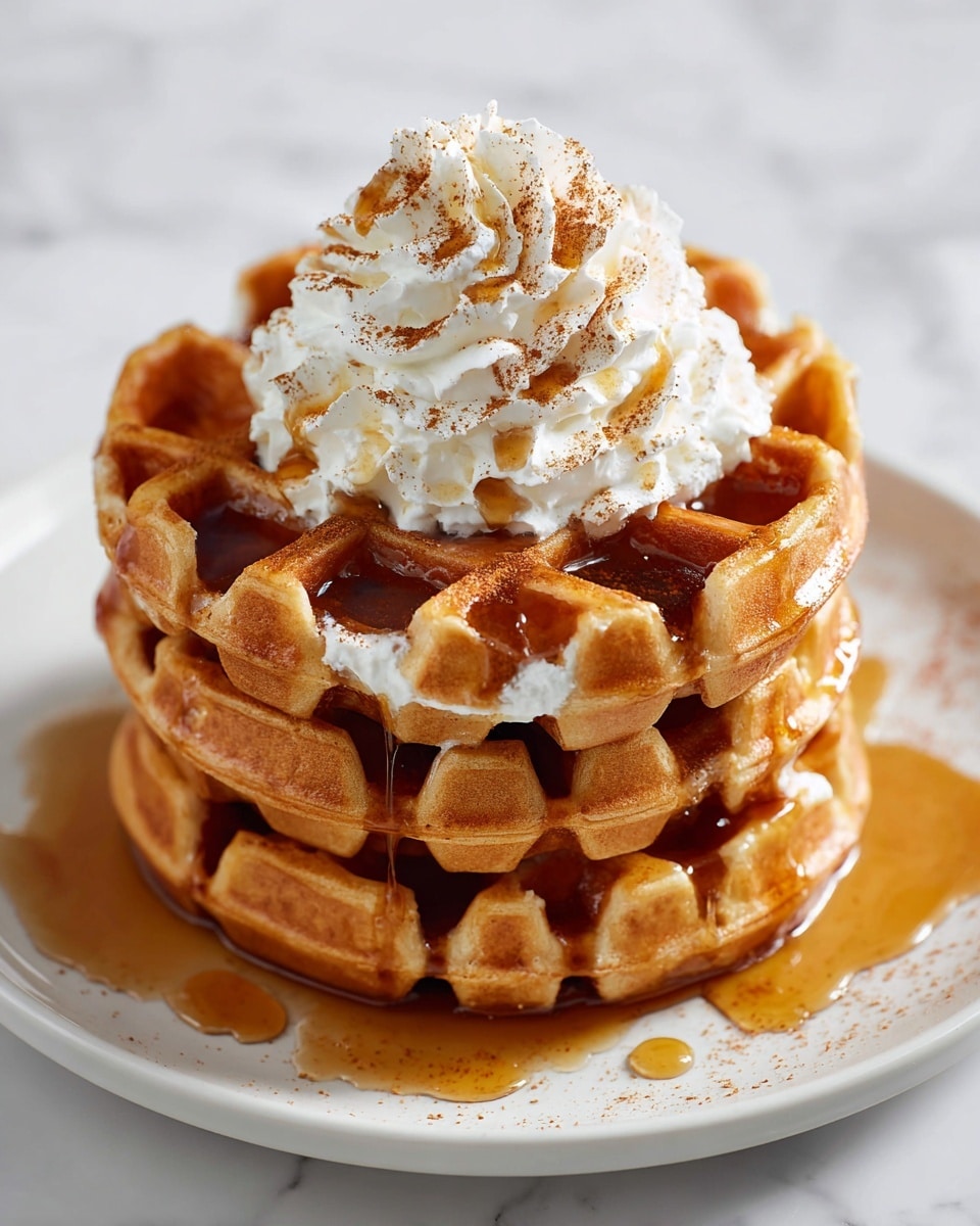 A tall stack of four golden-brown waffles sits on a white plate, each waffle with a crisp, textured surface showing deep square pockets filled with dark amber syrup. The syrup drips slightly down the sides, adding a glossy shine. On top of the stack is a generous dollop of white whipped cream sprinkled with a light dusting of brown cinnamon powder. More syrup pools around the base on the white marbled surface beneath the plate, enhancing the rich, warm tones of the dish. photo taken with an iphone --ar 4:5 --v 7