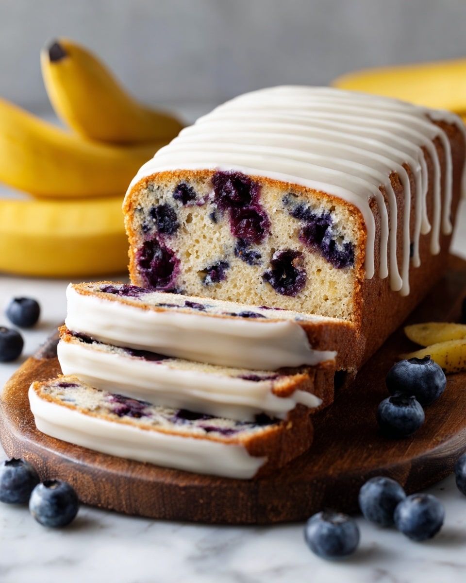 A loaf of blueberry bread is shown sliced on a wooden board with slices revealing a soft, pale yellow inside filled with many dark purple blueberries scattered throughout the bread. The top of the loaf is golden brown and covered with a thin layer of white icing drizzled in lines across the surface. The first slice is set upright, showing the moist texture and blueberry bits, while two other slices lie flat in front. Around the bread are a few fresh blueberries and bright yellow bananas in the background on a white marbled surface. photo taken with an iphone --ar 4:5 --v 7