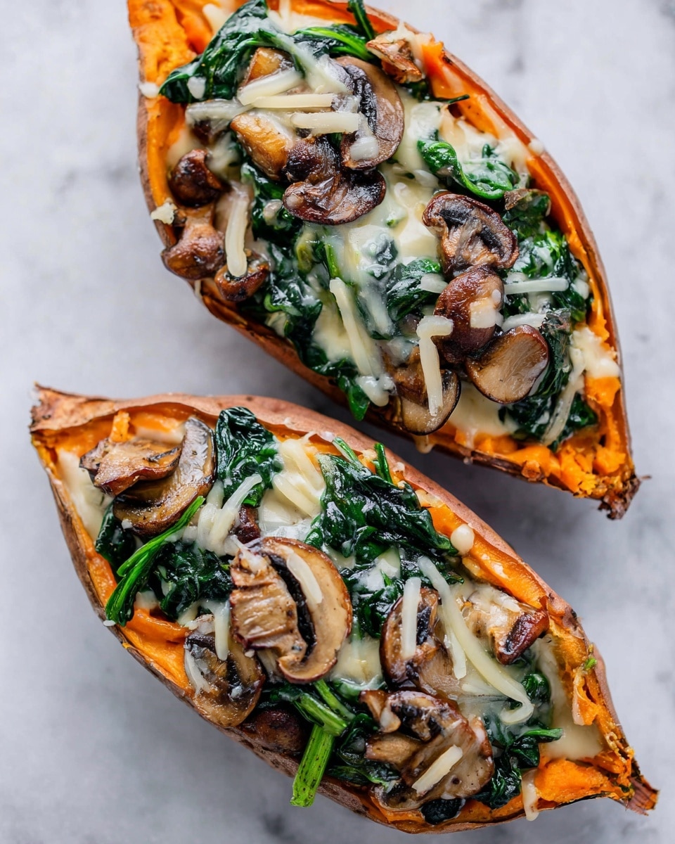The image shows two halves of a cooked sweet potato, placed side by side on a white plate. Each half is filled with a base layer of bright green sautéed spinach, topped with sliced brown mushrooms cooked to a soft texture. The mushrooms are covered with a creamy, melted cheese sauce that is light beige and smooth, slightly dripping over the edges. The sweet potato skin is a warm orange shade with a soft roasted texture. The white plate rests on a white marbled surface. photo taken with an iphone --ar 4:5 --v 7