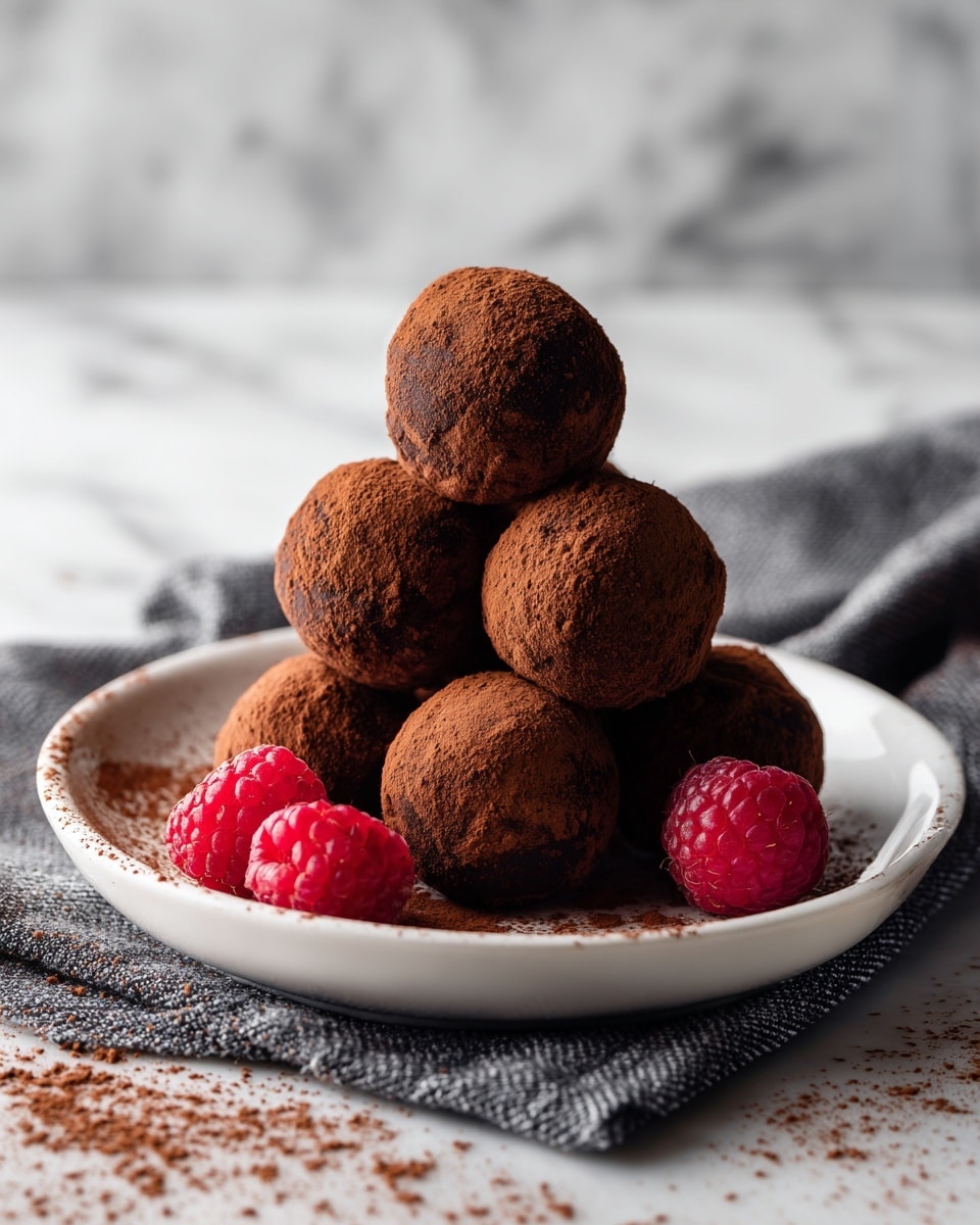 A stack of six round chocolate truffles is arranged in a pyramid shape on a white plate. Each truffle is dark brown with a rough texture and is generously coated in a layer of fine cocoa powder that also dusts the plate around them. The truffles appear rich and slightly glossy underneath the cocoa dusting. To the right side of the truffles on the plate, there are a few bright red raspberries adding a pop of color. The plate sits on a dark textured cloth over a white marbled surface, with a blurred glass bowl containing red fruit in the background. Photo taken with an iphone --ar 4:5 --v 7