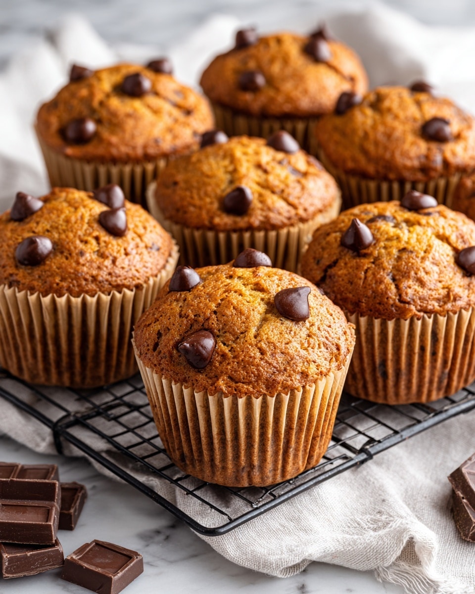The image shows several golden brown chocolate chip muffins with soft, slightly cracked tops dotted with dark chocolate chips. The muffins sit closely on a black cooling rack which is placed over a white marbled surface. To the side, a white cloth and pieces of chocolate add a cozy touch. The muffins are arranged in a loose group, displaying their slightly uneven tops and moist texture. The lighting highlights the warm tones of the muffins and the dark chocolate contrasts sharply against their light, fluffy base. photo taken with an iphone --ar 4:5 --v 7