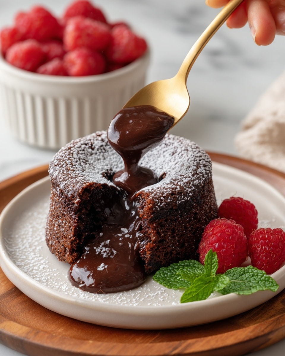 A round chocolate lava cake with a rough, dark brown outer layer dusted with white powdered sugar sits in the center of a white plate, alongside three bright red raspberries and two green mint leaves on the right. Inside the cake, a thick, shiny, molten chocolate center flows out, showing a rich, creamy texture. The cake is on a wooden board with a white marbled surface behind, and a white bowl filled with raspberries is nearby. A woman's hand holds a gold spoon, gently pressing into the cake’s top, capturing the moment the warm chocolate starts to melt and spill out. photo taken with an iphone --ar 4:5 --v 7