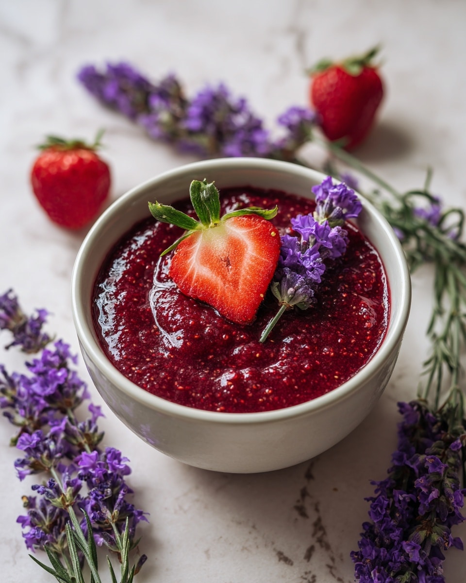 A white round bowl filled with thick, deep red strawberry jam that has visible seeds and a slightly glossy texture. On top of the jam, there is a halved strawberry with a bright red inside and green leaves still attached, alongside a small purple lavender flower sprig placed delicately. Around the bowl are several whole strawberries with green leaves and additional sprigs of lavender, all set on a smooth white marbled surface that adds a soft, clean look to the scene. Photo taken with an iphone --ar 4:5 --v 7