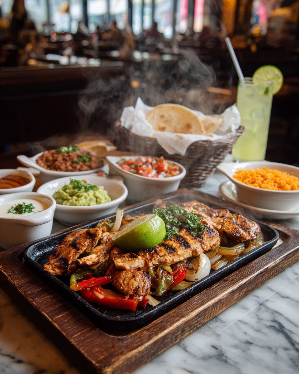 A sizzling black cast iron skillet sits on a wooden board, filled with three layers of grilled chicken strips that are golden brown with charred edges on top, resting on a bed of sautéed red, green, and yellow bell pepper strips mixed with caramelized onions at the bottom; a wedge of lime and chopped green herbs garnish the chicken. Surrounding the skillet are small white bowls: one with fresh red and green pico de gallo, one with green guacamole topped with a lime wedge, one with creamy white sour cream, another with orange Mexican rice, and one with light brown refried beans sprinkled with white cheese. A basket lined with a cloth holds a stack of white flour tortillas. In the background, a glass of light yellow lemonade with a straw, a white plate with lime wedges, and a colorful ceramic seasoning jar are placed on a white marbled surface. The image shows soft warm lighting with a busy restaurant scene blurred in the back, and steam rises from the hot skillet. photo taken with an iphone --ar 4:5 --v 7