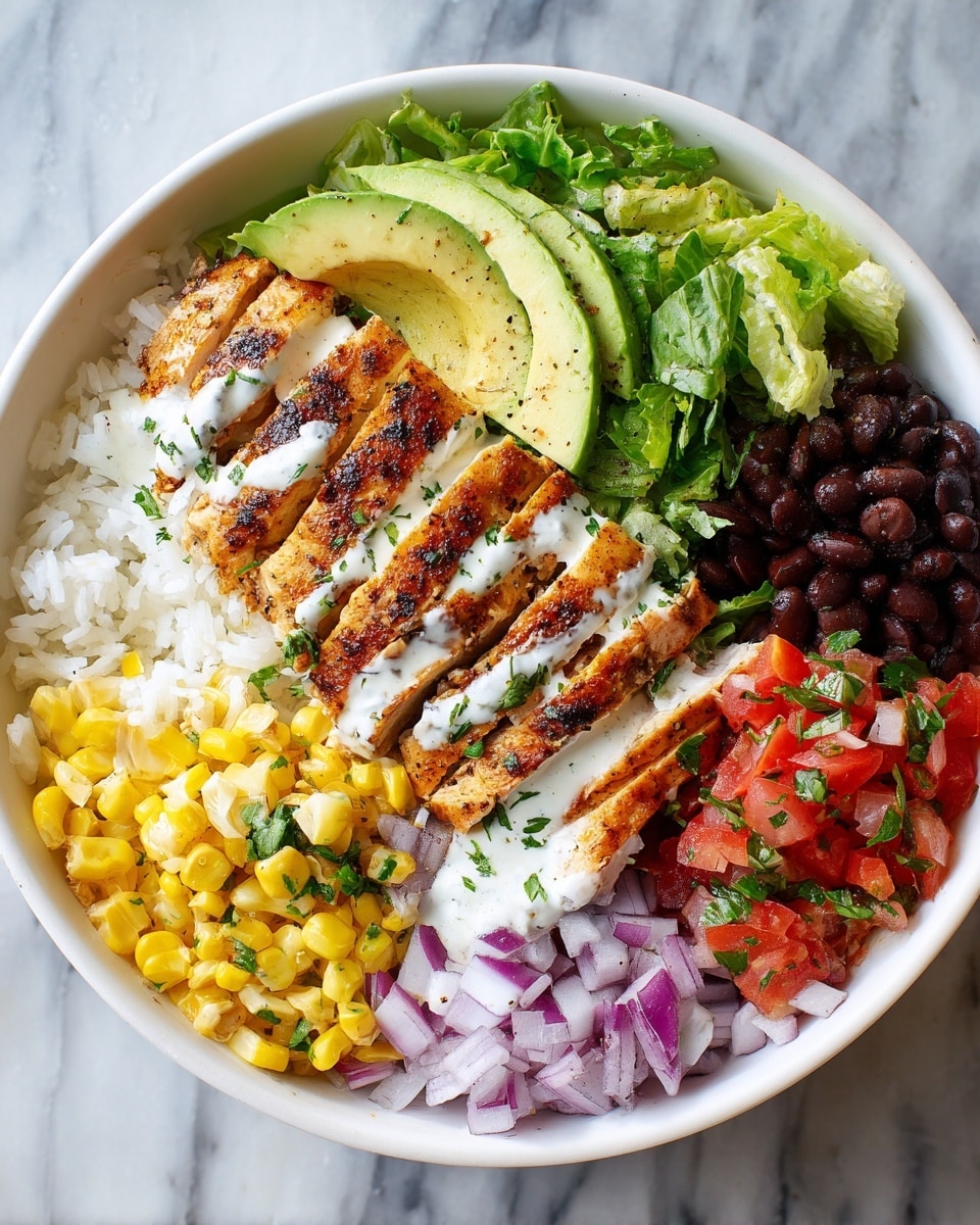A white bowl filled with a layered chicken rice bowl on a white marbled surface, featuring white rice at the bottom left, topped with golden grilled chicken strips sprinkled with herbs and drizzled with white sauce in the center; fresh green lettuce with creamy avocado slices sits to the upper left, next to bright yellow corn mixed with chopped herbs; to the upper right, there are black beans mixed with thinly sliced purple onions, and to the far right, there is fresh red tomato salsa with chopped onions and herbs. Photo taken with an iphone --ar 4:5 --v 7