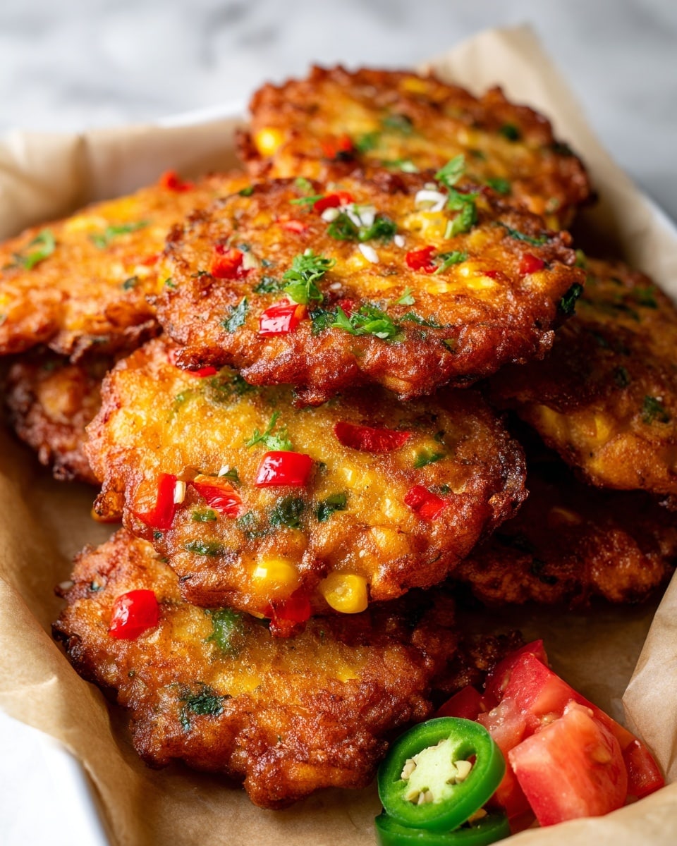 The image shows a close-up view of several golden-brown corn fritters stacked on a white tray lined with light brown parchment paper. Each fritter is thick and unevenly shaped with a crispy texture on the outside. The fritters have visible pieces of red bell pepper, green herbs, and corn kernels embedded throughout, adding vibrant red, green, and yellow colors to the orange-brown fried batter. Some chopped fresh tomato and green jalapeño slices are placed at the bottom corner of the tray. The background is a white marbled texture. Photo taken with an iphone --ar 4:5 --v 7