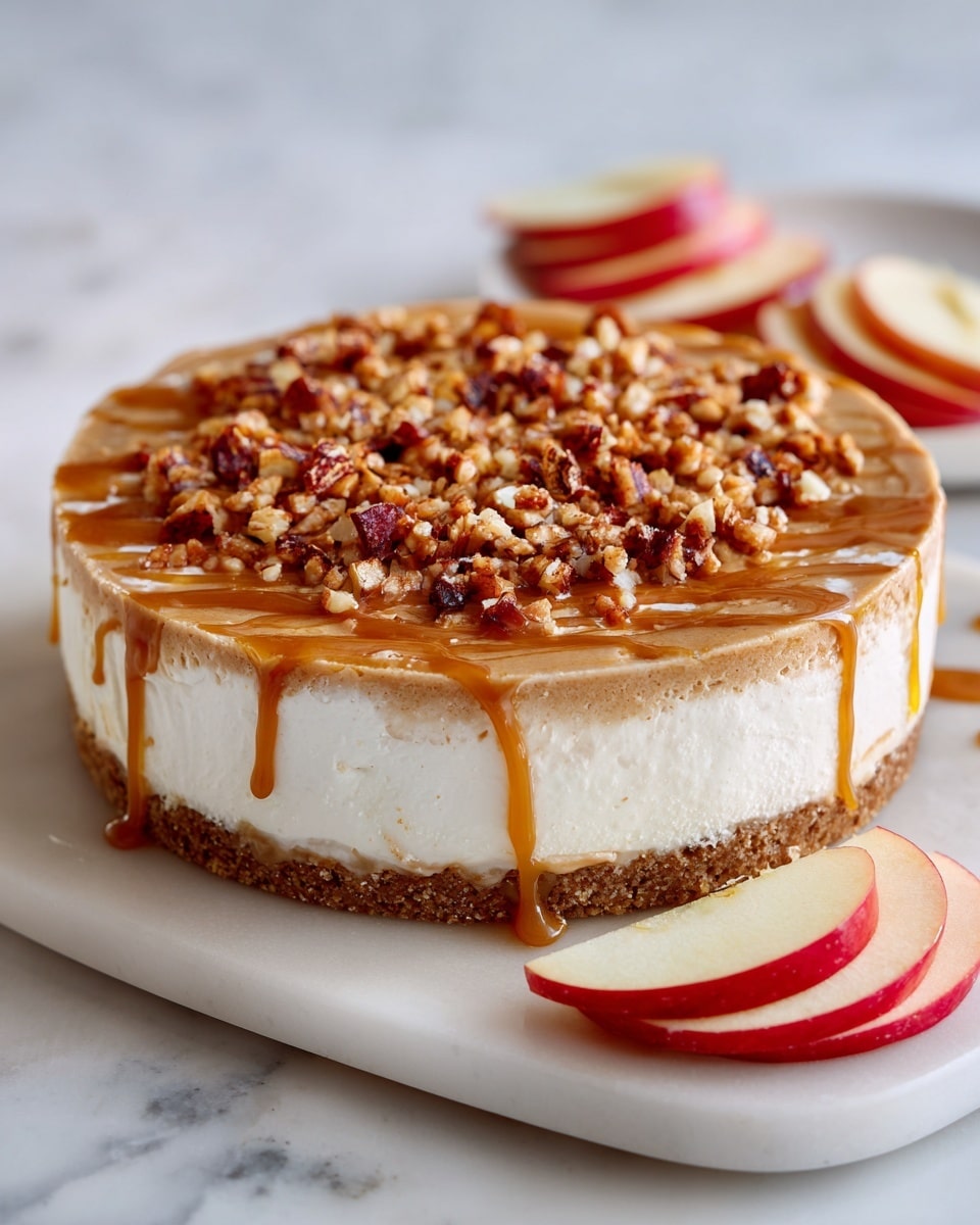A round white bowl filled with a dessert that has three visible layers. The bottom layer is crumbly and brown, resembling a crust. The middle layer is thick and creamy with a smooth white color. The top layer is light brown, textured, and sprinkled with small chunks of red-brown nuts or candy. Caramel sauce is drizzled over the top, adding a shiny golden touch. In the background, several thinly sliced red apple pieces are neatly arranged. The whole scene is set on a white marbled surface. Photo taken with an iphone --ar 4:5 --v 7