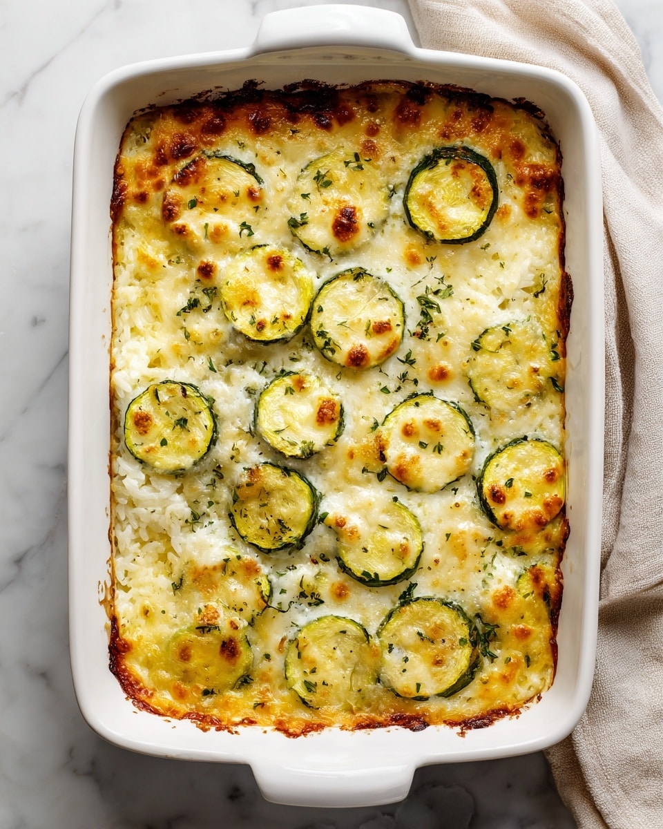 A white ceramic rectangular baking dish holds a partially eaten baked rice casserole. The dish has two main visible layers with some parts missing to show inside: the bottom layer is light brown rice mixed with small bits of herbs, and the top layer consists of evenly spread, golden-brown melted cheese with thin slices of green zucchini arranged in neat rows on top. The cheese is slightly crispy and browned in spots, adding texture contrast. The dish is placed on a white marbled surface. Photo taken with an iphone --ar 4:5 --v 7