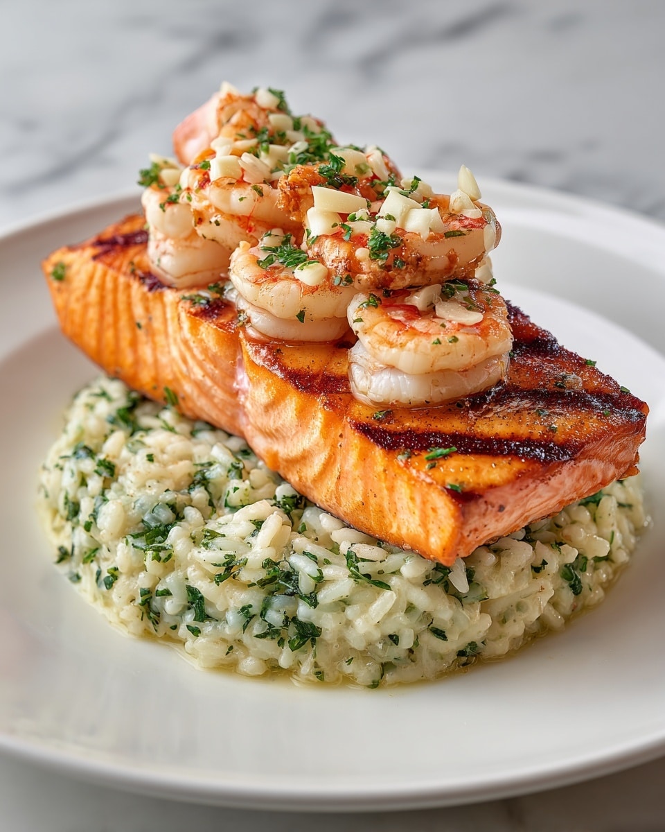 A white plate shows a piece of cooked salmon with a golden-brown outside layer, topped with several cooked shrimp that are light pink with bits of green herbs and small vegetable pieces on them. Under the salmon, there is a bed of light yellowish rice mixed with green herbs. The dish looks shiny and moist, with a few shrimp placed around the plate. The background has a soft blur with a white marbled texture under the plate. Photo taken with an iphone --ar 4:5 --v 7