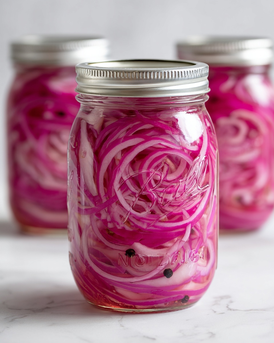 A close-up of a glass jar filled with bright pink pickled onions, showing thin, curly onion slices packed tightly inside a clear glass container with a shiny metal lid on top. The pink onions have a translucent quality with a few visible spices, giving the jar a textured look. The background is softly blurred and dark, with another jar faintly visible in the distance, placed on a white marbled surface. photo taken with an iphone --ar 4:5 --v 7