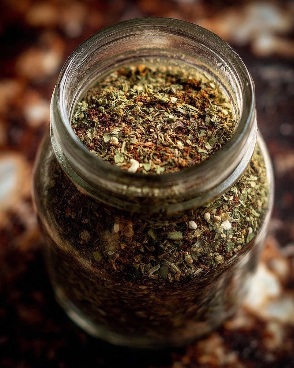A clear glass jar filled with a coarse, mixed herb and spice blend showing various shades of green, yellow, and brown textures tightly packed inside. The jar has a thick neck and is sitting on a white marbled surface with a blurred brown background. The texture of the mixture looks crumbly and dry with visible small pieces of leaves and seeds. Photo taken with an iphone --ar 4:5 --v 7