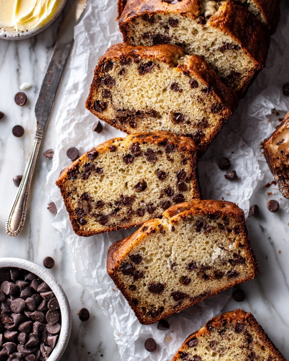 The image shows several slices of chocolate chip banana bread with a golden brown crust and soft, light beige inside filled with dark brown chocolate chips spread evenly through the bread. One slice is closer to the camera, revealing the grainy texture, while the background slices are stacked on parchment paper with scattered chocolate chips around them. There is a white bowl filled with chocolate chips on the left bottom corner, and a knife with white cream on its blade rests on the right side over the parchment paper, all placed on a white marbled surface. Photo taken with an iphone --ar 4:5 --v 7