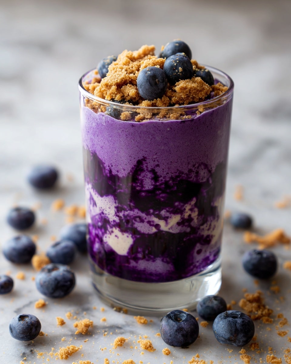 The image shows a single-layer dish in a clear round glass container filled with a thick purple mixture that looks creamy and textured with small dark blueberries mixed inside. The top surface is sprinkled with small light brown crumbly pieces that add a crunchy texture. Around the glass, there are whole blueberries and broken light brown cracker pieces scattered on a white marbled surface, giving a fresh and homemade feel. photo taken with an iphone --ar 4:5 --v 7