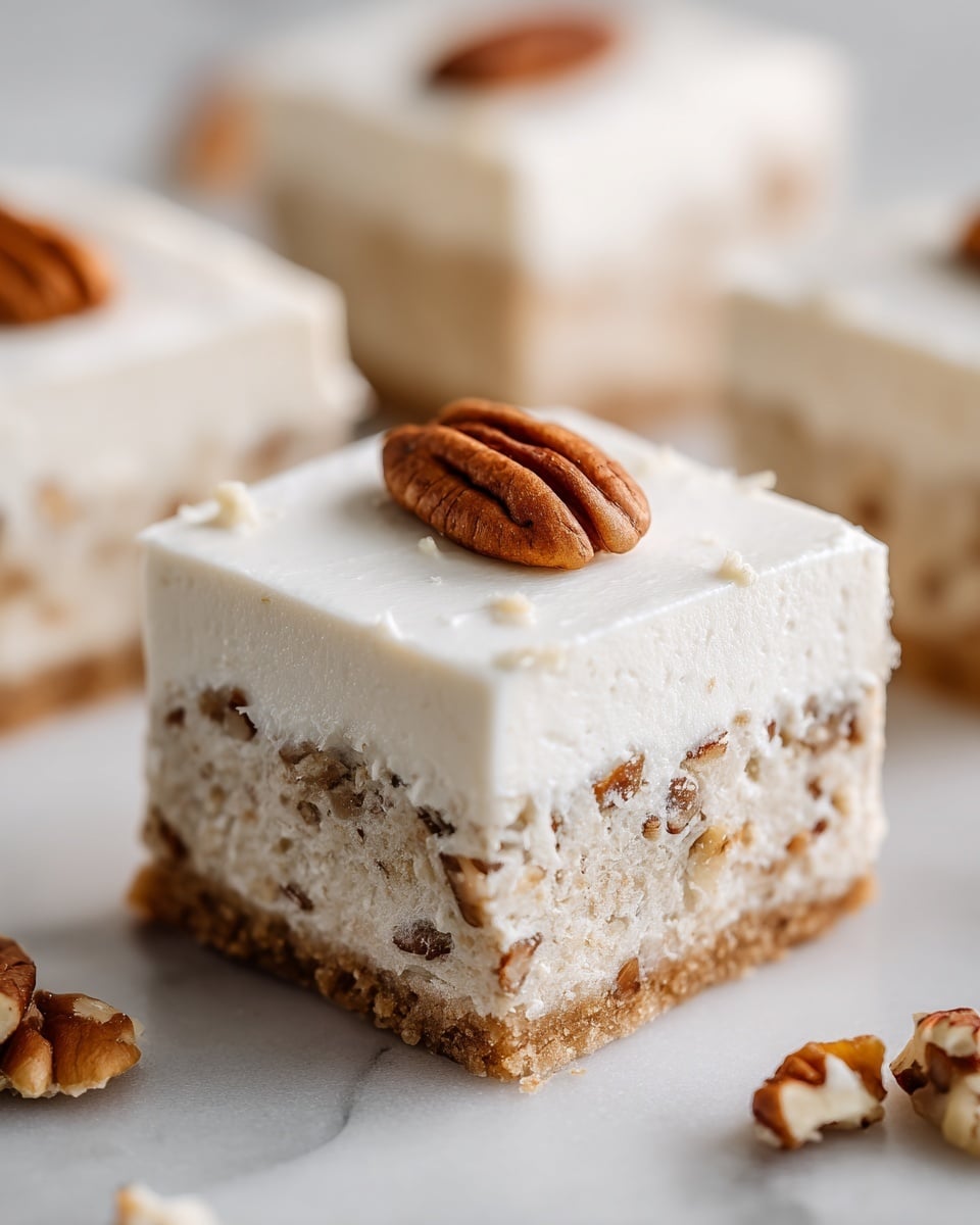 The image shows a close-up of a square piece of dessert with two layers placed on a white marbled surface. The bottom layer is light beige with visible bits of chopped nuts throughout, giving it a textured look. The top layer is smooth and creamy white frosting, evenly spread across the piece. On top of this frosting, there is a single whole pecan placed in the center. Similar square pieces are visible in the background, but the main focus is on the front piece. photo taken with an iphone --ar 4:5 --v 7