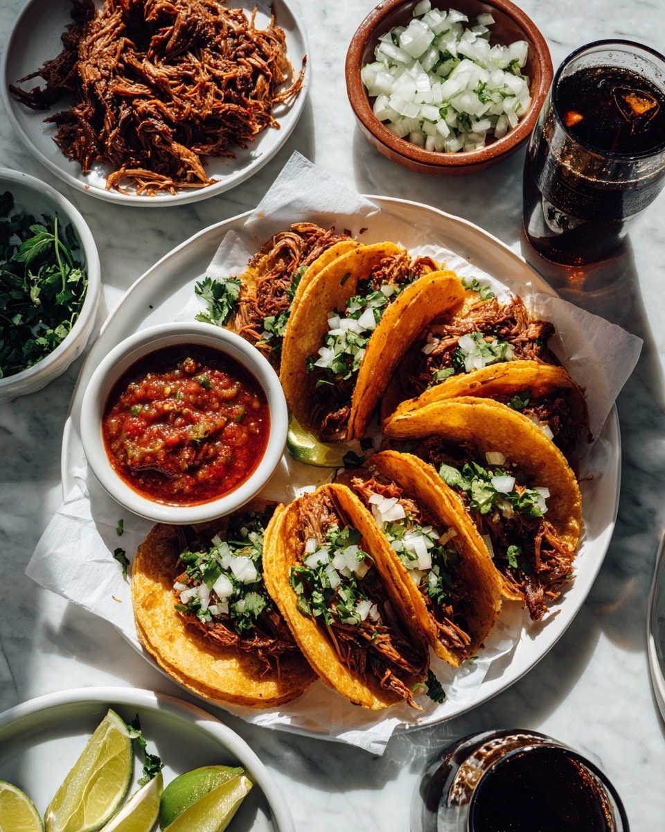 A white plate holds six folded tacos with golden brown, slightly crispy tortillas filled with dark, shredded meat. The tacos are arranged around a small bowl of red salsa topped with chopped onions and fresh green cilantro. Bright green lime wedges and cilantro leaves are scattered on the plate and around it for garnish. The plate sits on white paper over a white marbled surface. Around the main plate, there is a white bowl with diced onions and cilantro, a brown bowl filled with more shredded meat, a clear glass of dark soda with a lemon wedge, and a brown beer bottle with the cap beside it. Bright, natural light creates strong shadows and a fresh, lively atmosphere. Photo taken with an iphone --ar 4:5 --v 7