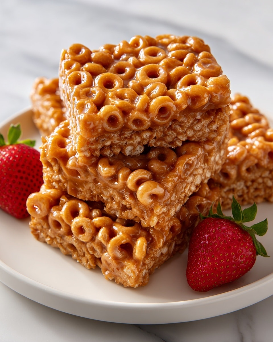 The image shows four square pieces of golden-brown cereal bars made of Cheerios-like oat loops held together by a glossy, sticky caramel or peanut butter syrup that gives the cereal a shiny, smooth texture. The bars are stacked slightly unevenly on a white plate, with some cereal loops overlapping the edges, showing a thick layer of cereal held tightly by the syrup. There are a couple of fresh red strawberries with green tops placed next to the bars for color contrast. The plate sits on a white marbled surface. photo taken with an iphone --ar 4:5 --v 7