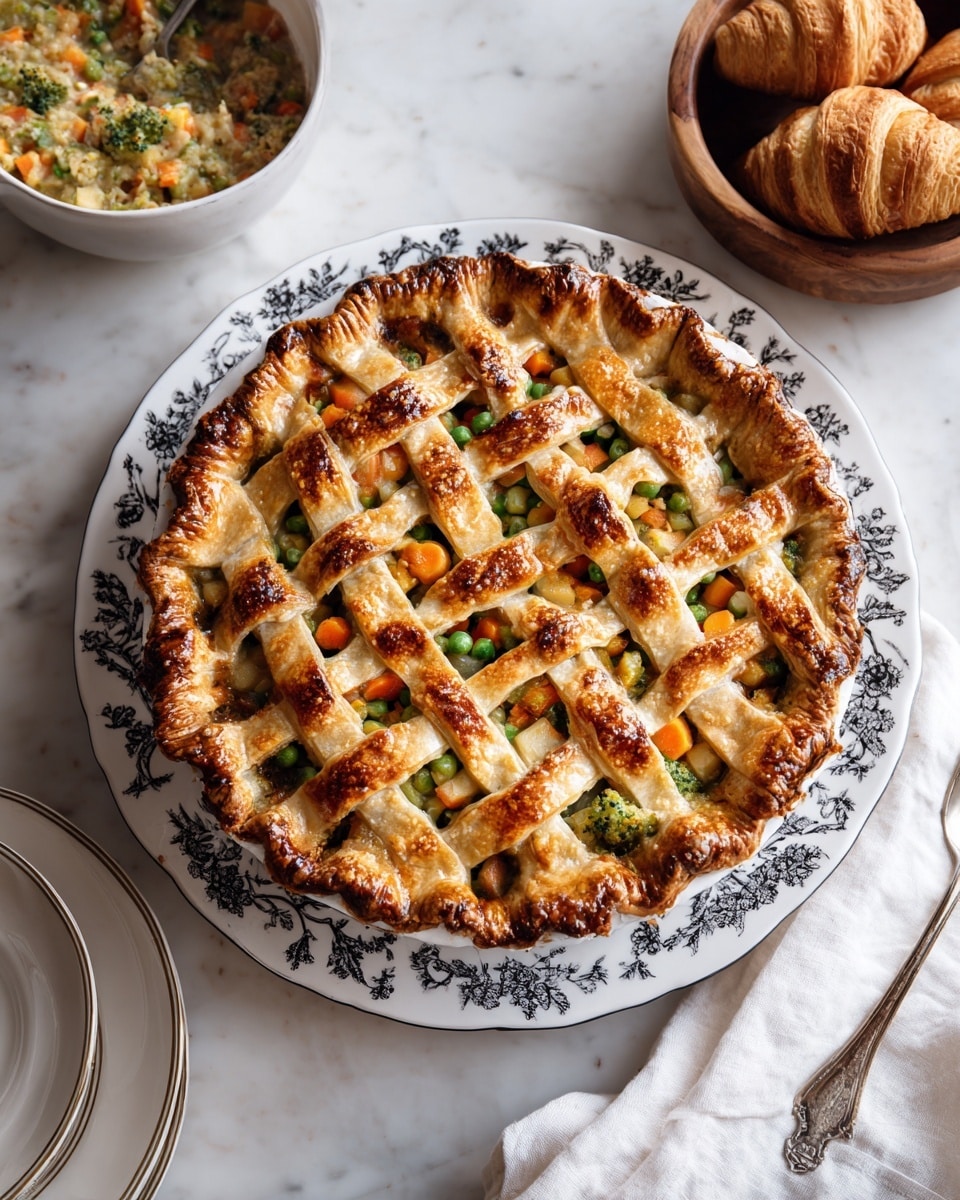 A golden-baked lattice vegetable pie sits in the center of a decorative white plate with a black floral pattern. The pie crust is flaky and shiny, with thick golden strips crossed over the top, showing a rich filling of bright green broccoli, light green potatoes, and orange carrots. Some pieces of the crust are cut into smaller squares along one side, revealing the colorful vegetable mix underneath. On the wooden table next to the pie, there is a white bowl with croissants and a brown bowl filled with oatmeal, with a spoon resting inside. A white cloth napkin with folds lies beside the dishes, all placed on a white marbled surface. Photo taken with an iphone --ar 4:5 --v 7