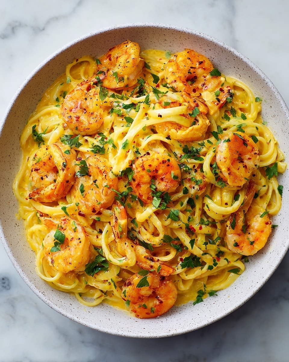 A close-up view of a white speckled bowl filled with linguine pasta coated in a light yellow sauce. On top and mixed within the pasta are several plump, pink shrimp with their tails on, arranged evenly. The dish is garnished with scattered green parsley leaves and finely chopped herbs, adding bits of green contrast throughout. The pasta strands look silky with a slight shine, and the shrimp appear juicy and tender. The bowl is placed on a white marbled surface. photo taken with an iphone --ar 4:5 --v 7