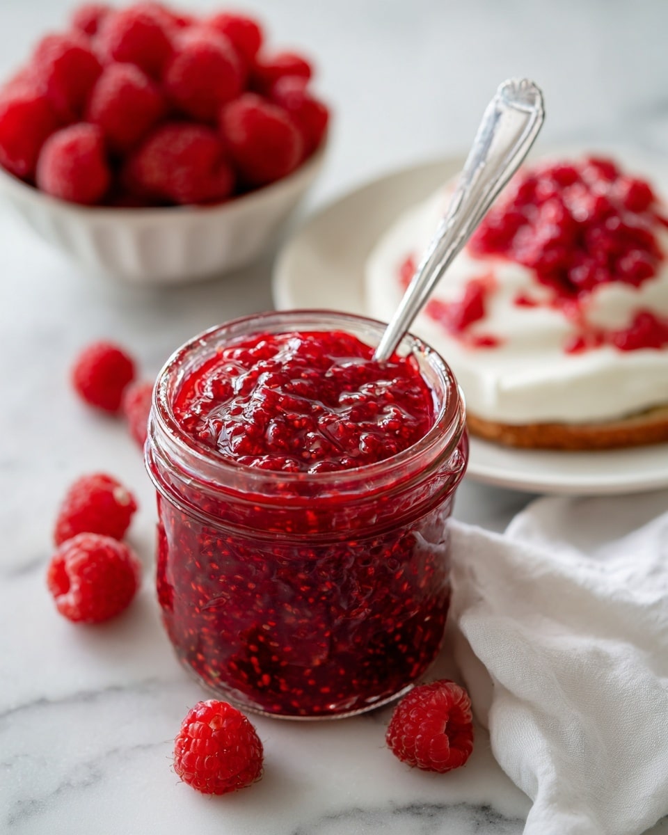 A glass jar filled with bright red, chunky raspberry jam with visible seeds and a shiny, thick texture, a silver spoon inside the jar. Surrounding the jar are fresh whole raspberries in a white bowl to the top left and scattered on a white marbled surface. To the top right, there is a white plate with creamy white yogurt topped with crushed raspberries showing a soft, creamy layer with bright red bits on top. A white cloth napkin is slightly visible at the bottom right corner. Photo taken with an iphone --ar 4:5 --v 7