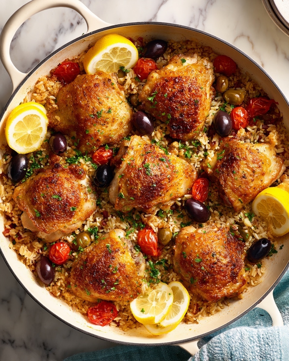 Greek Chicken and Rice Skillet with Lemon, Feta, and Kalamata Olives Recipe