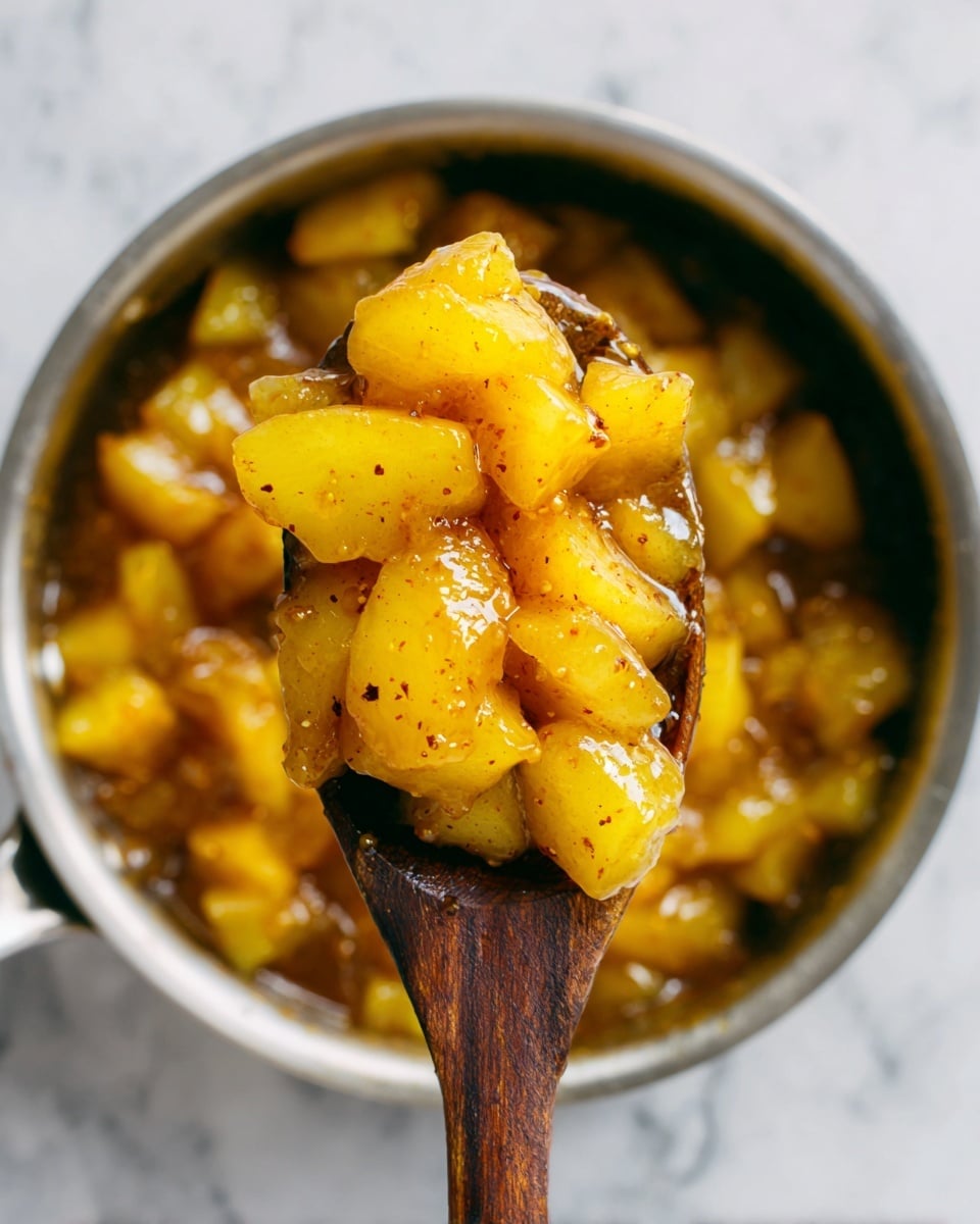 The image shows a close-up of diced apple pieces coated in a shiny, golden syrup with visible specks of cinnamon. The apple chunks are light yellow with a soft texture, glistening under the syrup layer. They are held in a dark wooden spoon, which is lifting them out of a silver pot full of the same mixture. The background surface is a white marbled texture. Photo taken with an iphone --ar 4:5 --v 7
