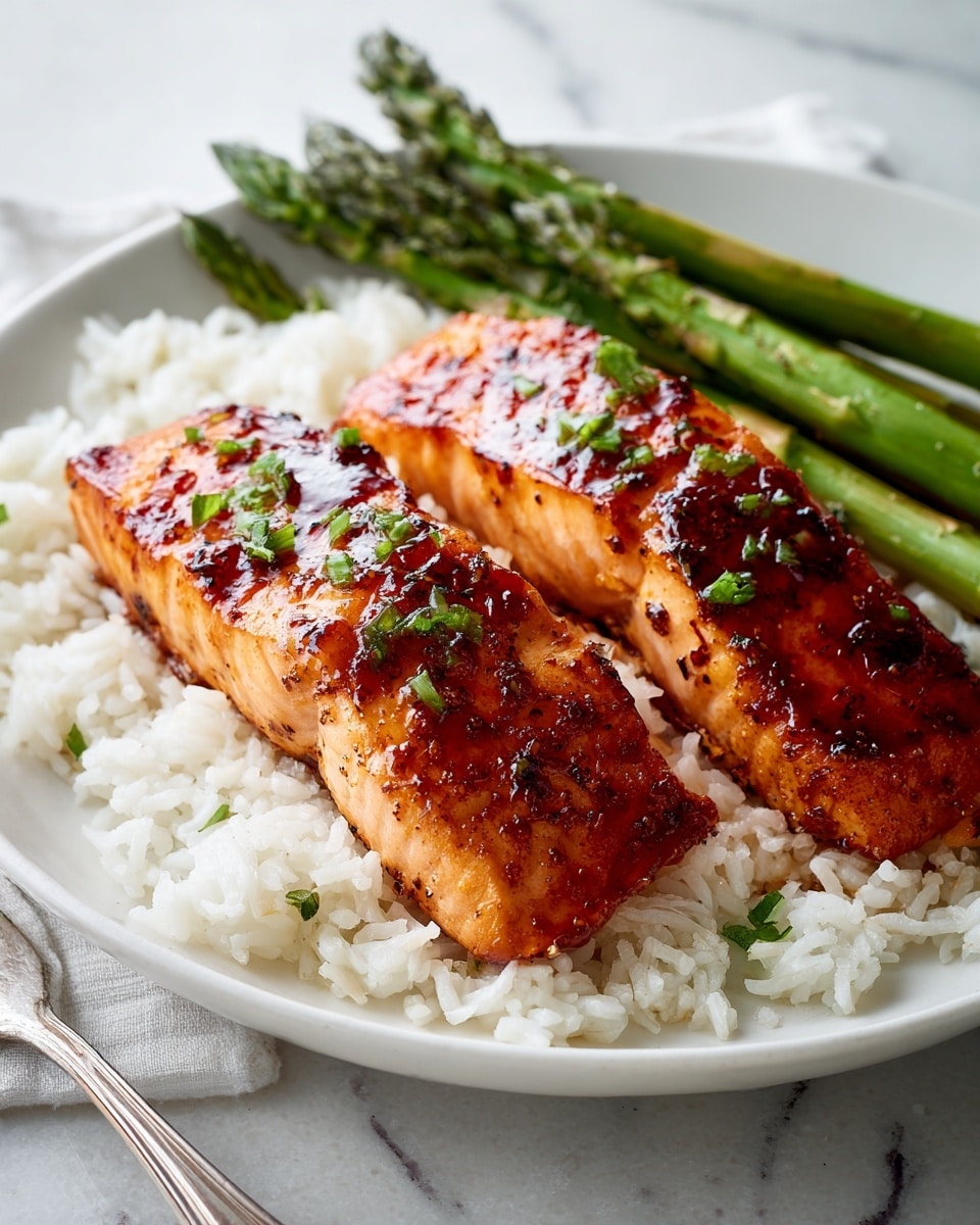 Two pieces of cooked salmon with a shiny, reddish-brown glazed surface and small green herb bits on top sit on a bed of white rice. The salmon looks tender and slightly charred at the edges. To the right of the fish, three green stalks of asparagus add color contrast. Everything is placed on a white plate set on a white marbled texture surface with a metal fork visible at the bottom left. photo taken with an iphone --ar 4:5 --v 7