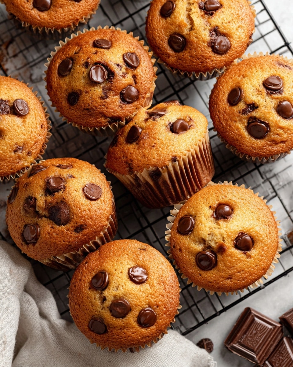 A group of golden brown chocolate chip muffins arranged closely on a black cooling rack with a few muffins overlapping and touching. Each muffin is in a light brown paper liner, topped with several glossy, dark brown chocolate chips embedded in the soft, slightly crumbly tops. The cooling rack sits on a white marbled surface partially covered with a soft white cloth and some scattered chunks of chocolate nearby. The muffins have a warm, inviting look with slightly domed tops and textured crumb surfaces, showing some darker spots where chocolate chips melted slightly. photo taken with an iphone --ar 4:5 --v 7