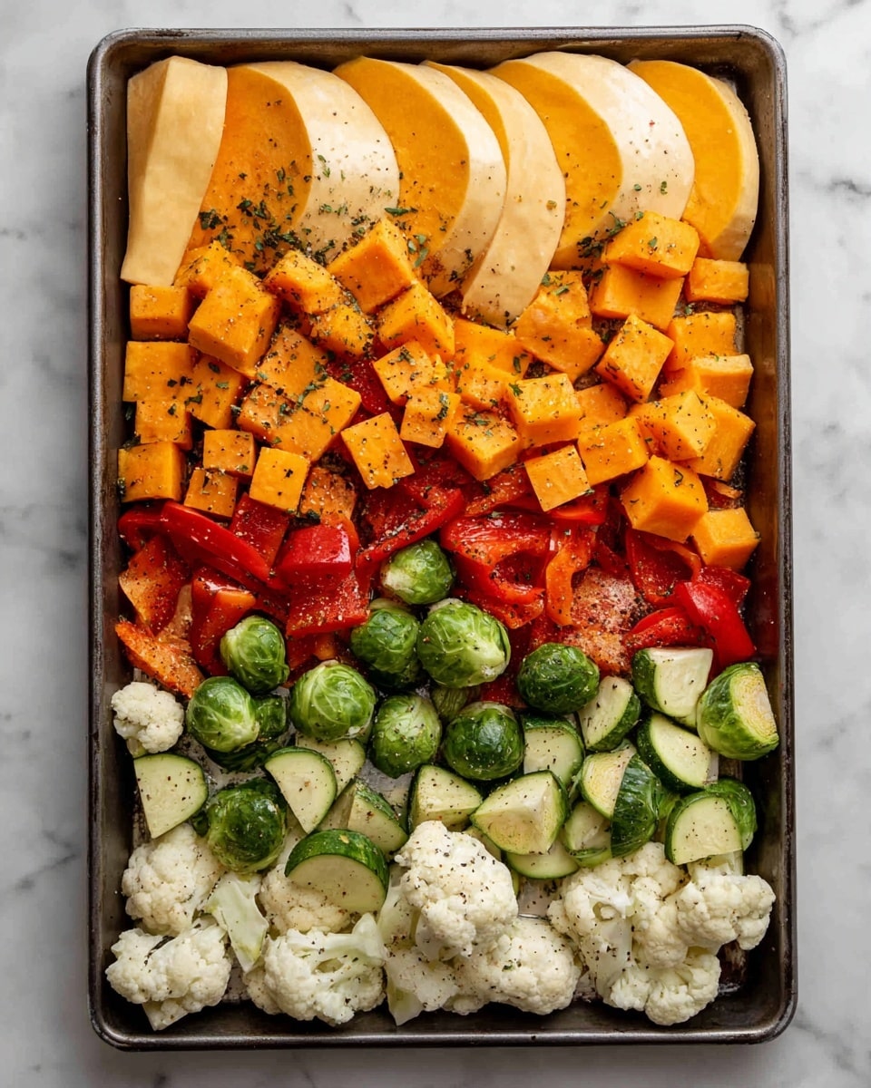 A baking tray filled with a colorful mix of vegetables, showing four main layers: large slices of light orange butternut squash placed mostly around the edges with a smooth texture, bright orange cubed sweet potatoes scattered throughout, round green Brussels sprouts placed in small clusters, and creamy white cauliflower florets dotted around. There are also rough-textured slices of green zucchini with pale centers and bright red bell pepper chunks mixed in evenly, all covered with black pepper and herbs. The tray sits on a white marbled surface. photo taken with an iphone --ar 4:5 --v 7