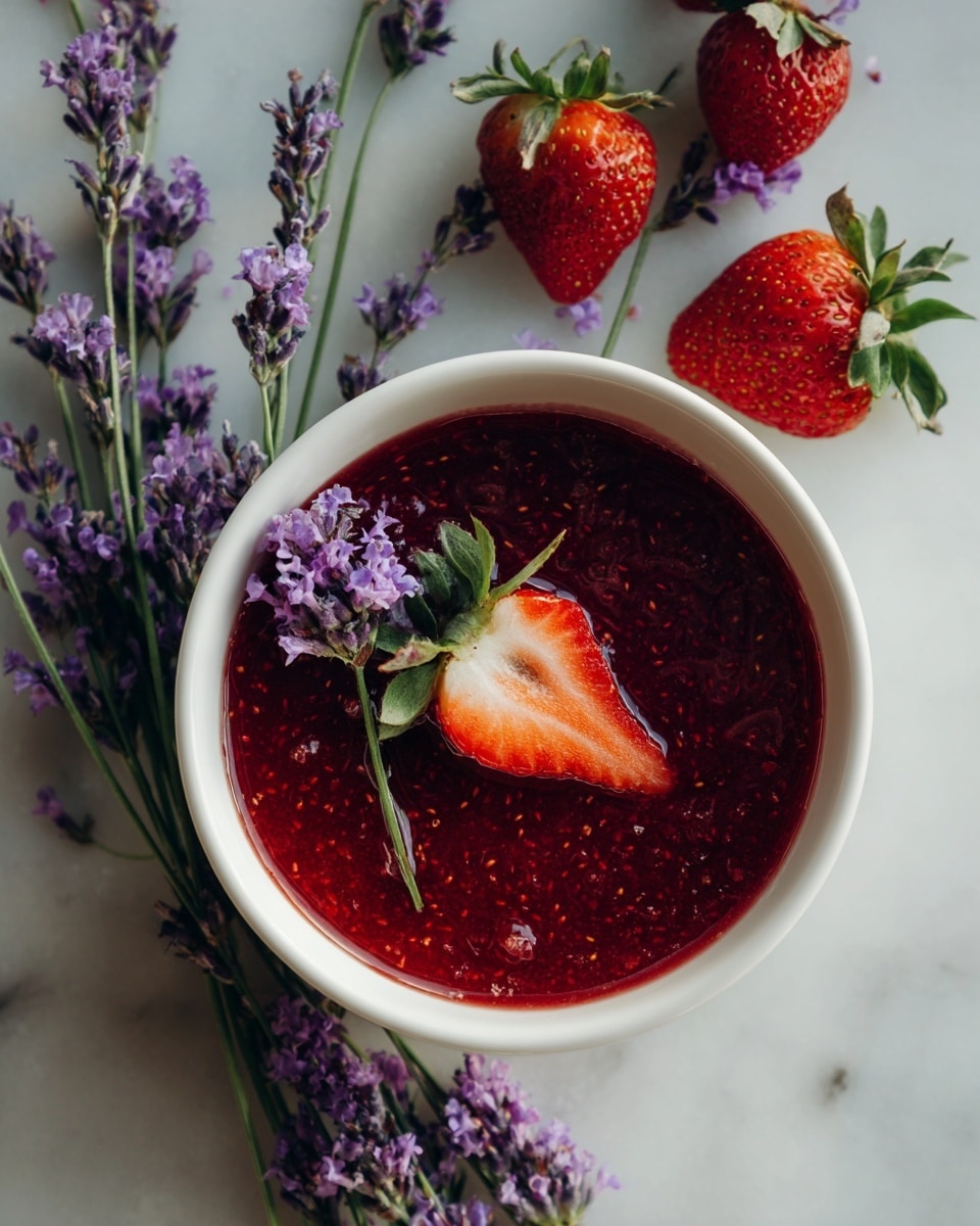 A white round bowl filled with a thick, deep red jam with small seeds visible throughout. On top of the jam is a halved fresh strawberry, bright red with green leaves attached, and a small sprig of purple lavender flowers lying across it. Around the bowl on a soft white marbled surface are three whole strawberries and more sprigs of purple lavender, creating a fresh and natural look. Photo taken with an iphone --ar 4:5 --v 7