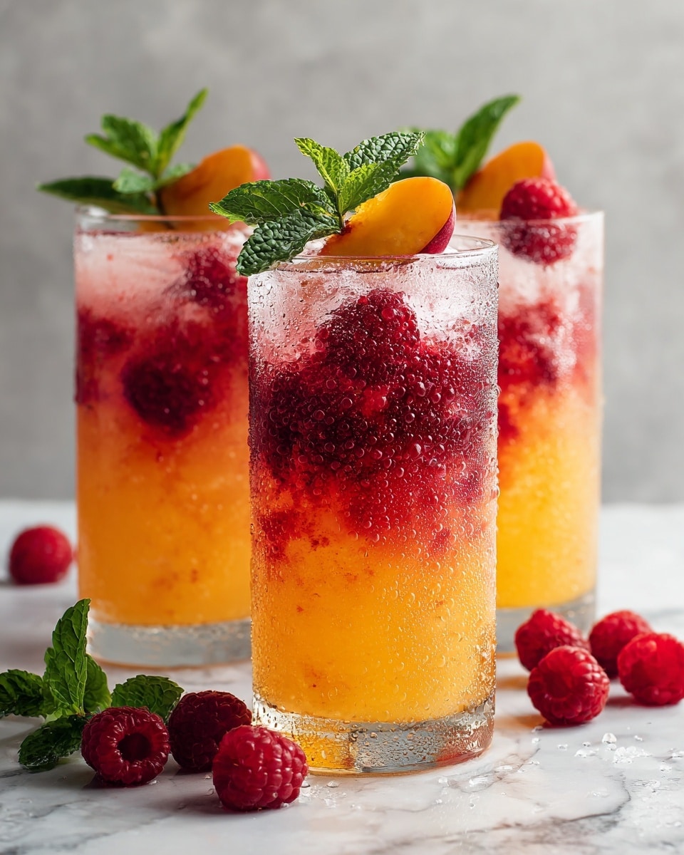 The image shows three tall clear glasses filled with a swirled drink of orange and deep red colors, creating a marbled effect throughout the layers. Each glass is topped with fresh red raspberries, a slice of peach, and a small sprig of bright green mint leaves. The drinks have droplets of condensation on the outside, making them look cold and refreshing. Around the base of the glasses on a white marbled surface, there are some loose raspberries and mint leaves scattered. photo taken with an iphone --ar 4:5 --v 7