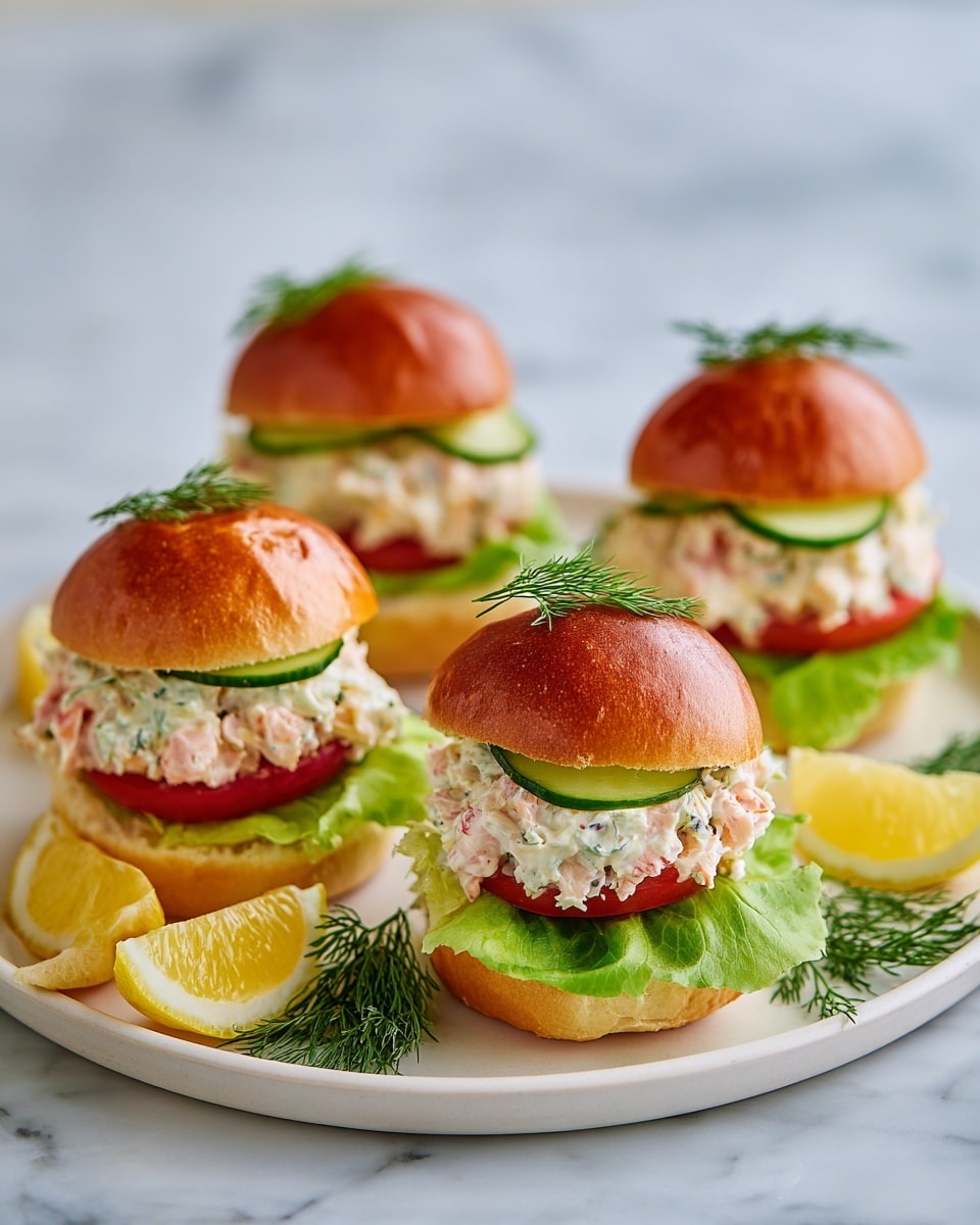 Four small sandwiches are arranged on a white plate, each with a shiny, golden-brown bun on top. Inside, there is a layer of thin cucumber slices on top, followed by a bright red tomato slice, then a thick mix of creamy white salad with bits of green herbs and light pink salmon pieces. At the bottom, there is a fresh green lettuce leaf. The plate also has lemon wedges and sprigs of dill around the sandwiches, all placed on a white marbled surface with a soft light background. Photo taken with an iphone --ar 4:5 --v 7